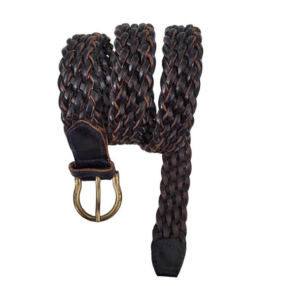 Vintage Braided Black Leather Belt Brass Buckle Made in Thailand - Picture 2 of 8